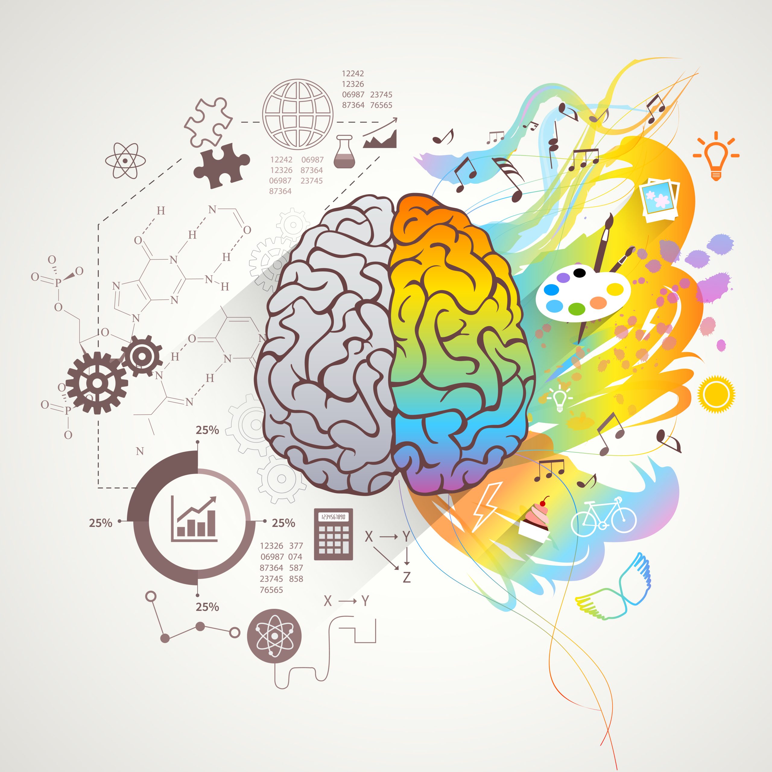 Left and right brain concept with colors music and science flat vector illustration